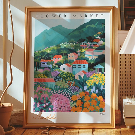 Honolulu Flower Market Poster Hawaiian Cityscape Wall Art Print Vibrant Tropical Hawaii Decor