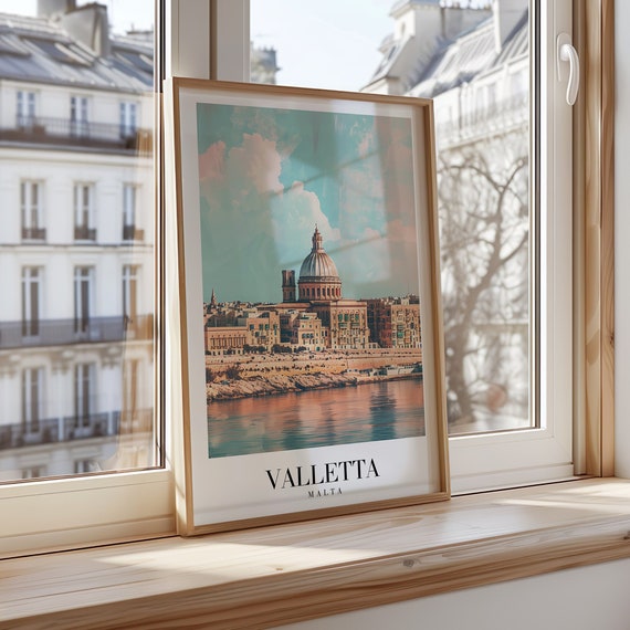 Valletta Poster Malta Cityscape Wall Art Historic Print Retro Travel Architecture Mediterranean City Decor