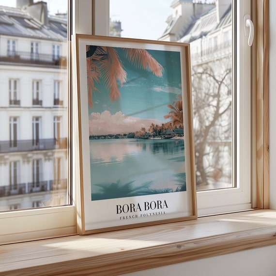 Bora City Poster French Polynesia Travel Print Tropical Island Wall Art Beach Paradise Decor Exotic Nature Lagoon