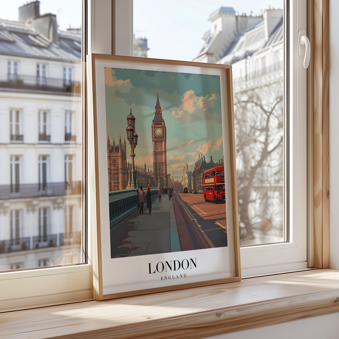 London England Big Ben Westminster Red Bus Vintage Travel Poster