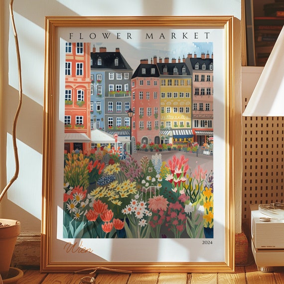 Vienna Flower Market Poster Austria City Wall Art Wien Travel Print Colorful Urban Cityscape Illustration Vibrant