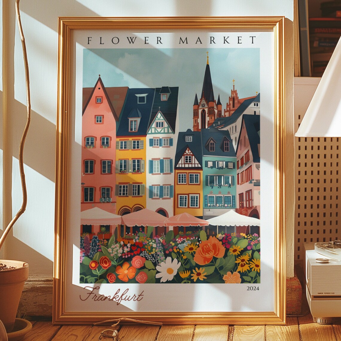 Frankfurt Flower Market Poster German Half Timbered Houses Floral Art