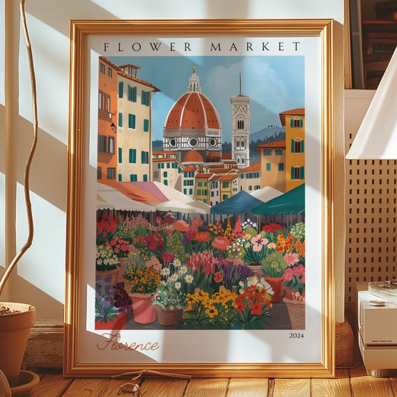 Florence Flower Market Poster Italian Scene Art City Wall Decor Colorful Floral Illustration Duomo