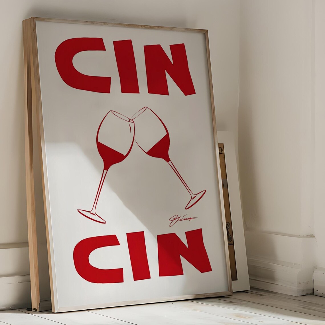 Cin Cin Red Lettering with Two Clinking Wine Glasses Italian Bar Cart Art Poster