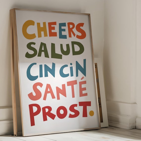 Cheers Bar Cart Retro Typography Multilingual Art Print