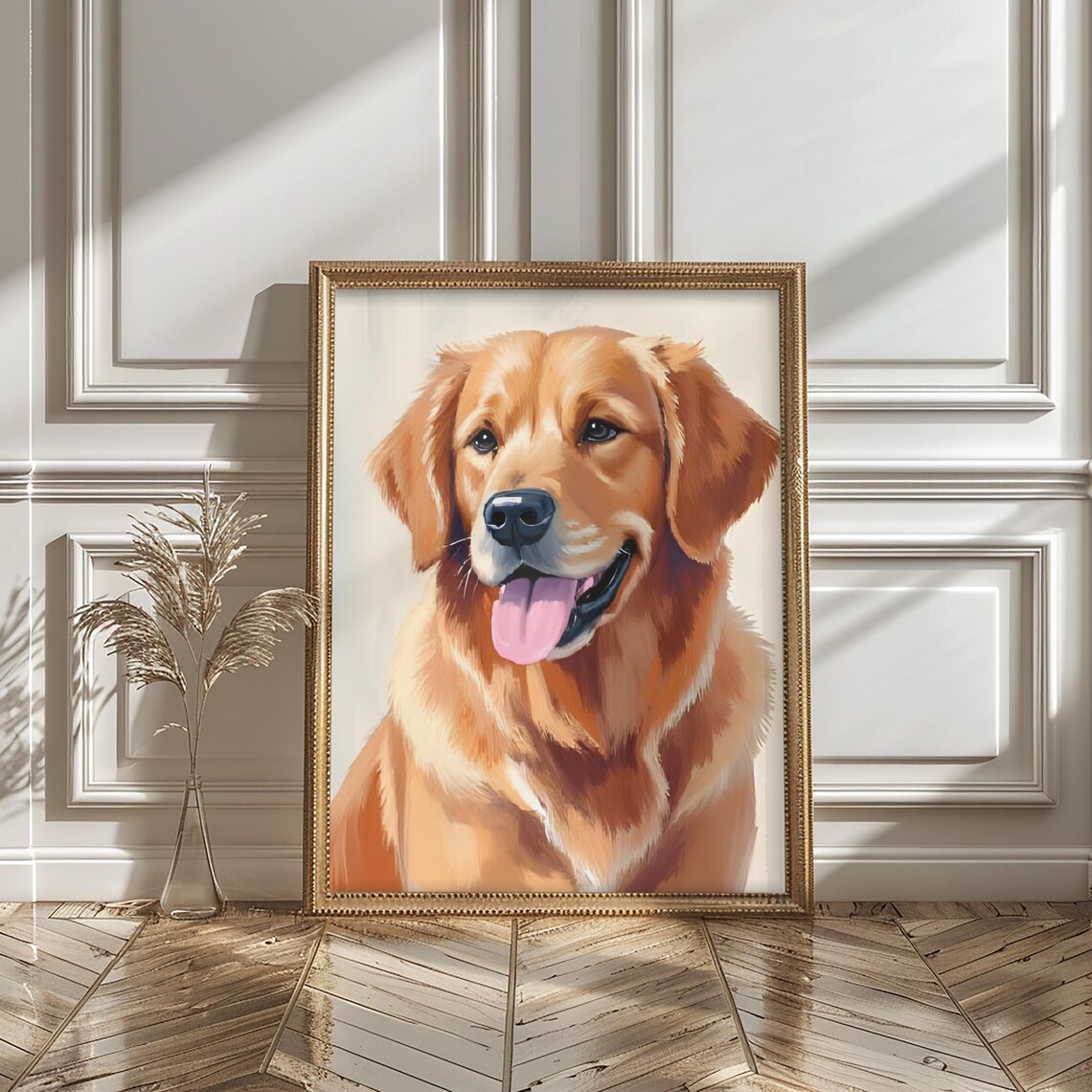 Happy Golden Retriever Dog Portrait Painting Cheerful Puppy Art Poster