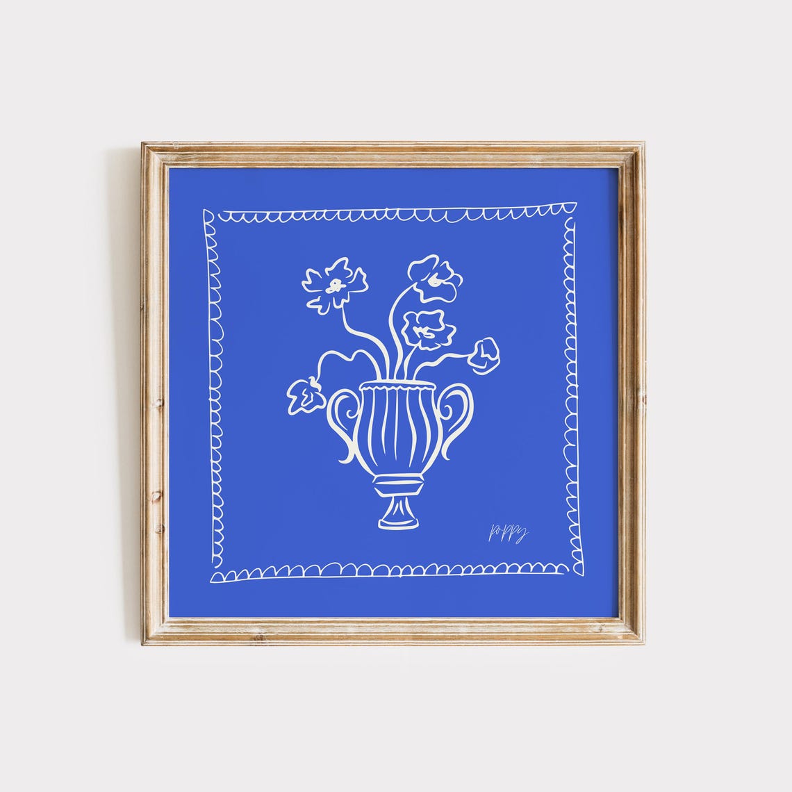 Cobalt Blue Background Cream Line Poppies Vase Modern Wall Poster - Image 3