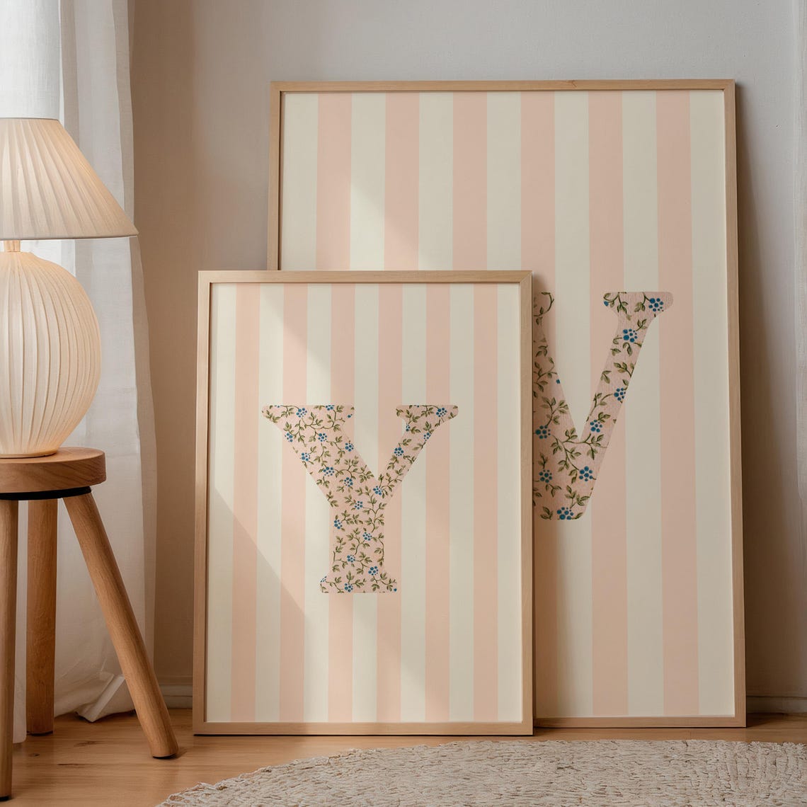 Letter Y Floral Monogram Pink Striped Gold Frame Nursery Wall Art - Image 3