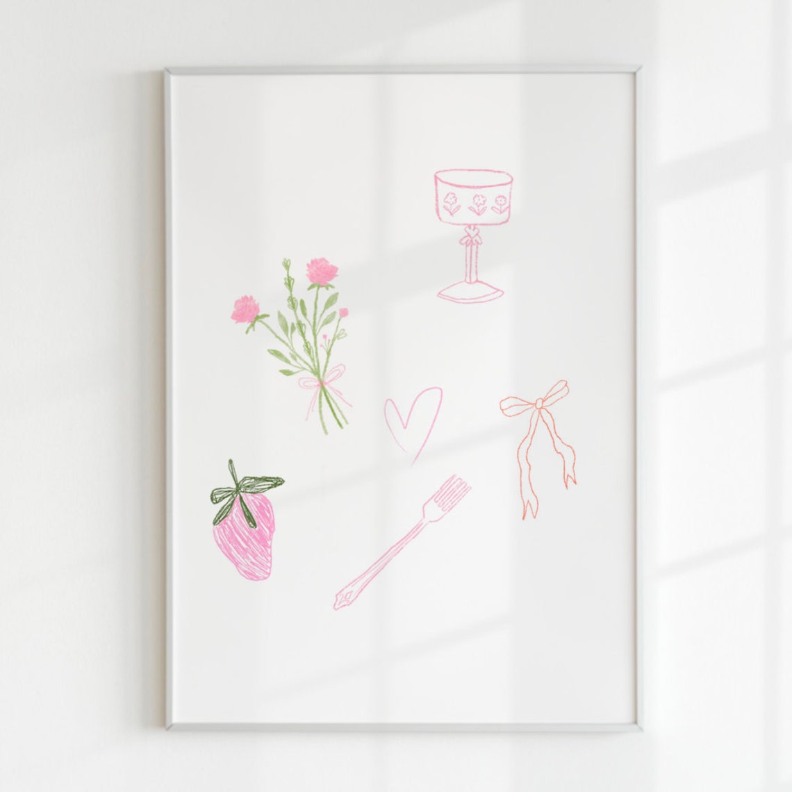 Girly Pink Strawberry Wine Doodle Illustration Kitchen Poster - Image 2