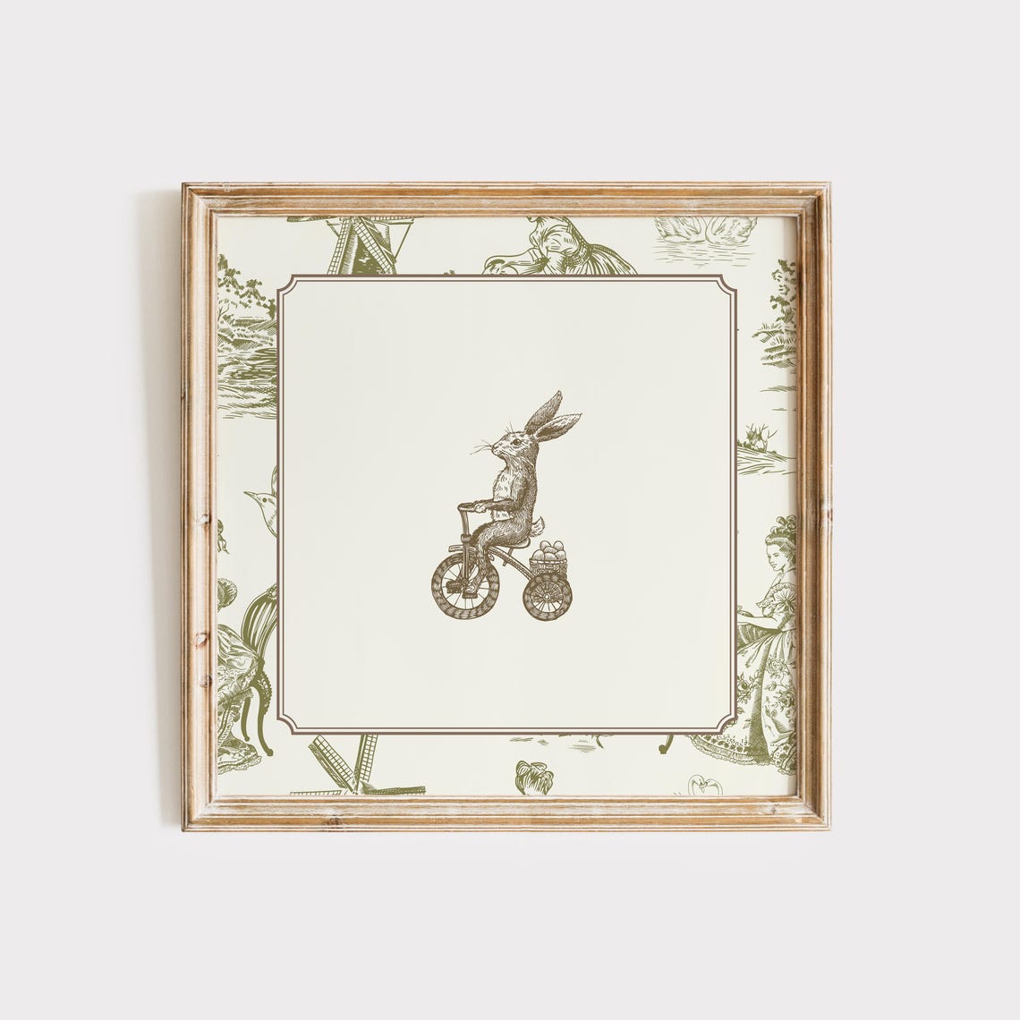 Green Toile Border Bunny Riding Bicycle Whimsical Nursery Poster - Image 4