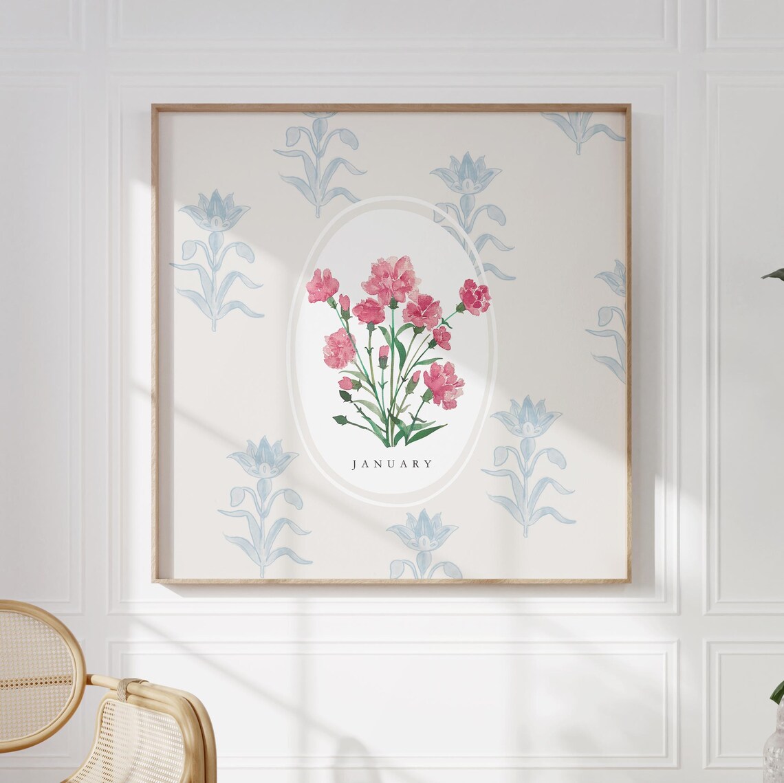 January Carnation Birth Month Flower Blue Botanical Pattern Bouquet Poster - Image 2