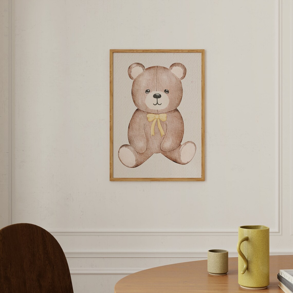 Brown Teddy Bear With Yellow Bow Blue Toile Nursery Decor Poster - Image 2