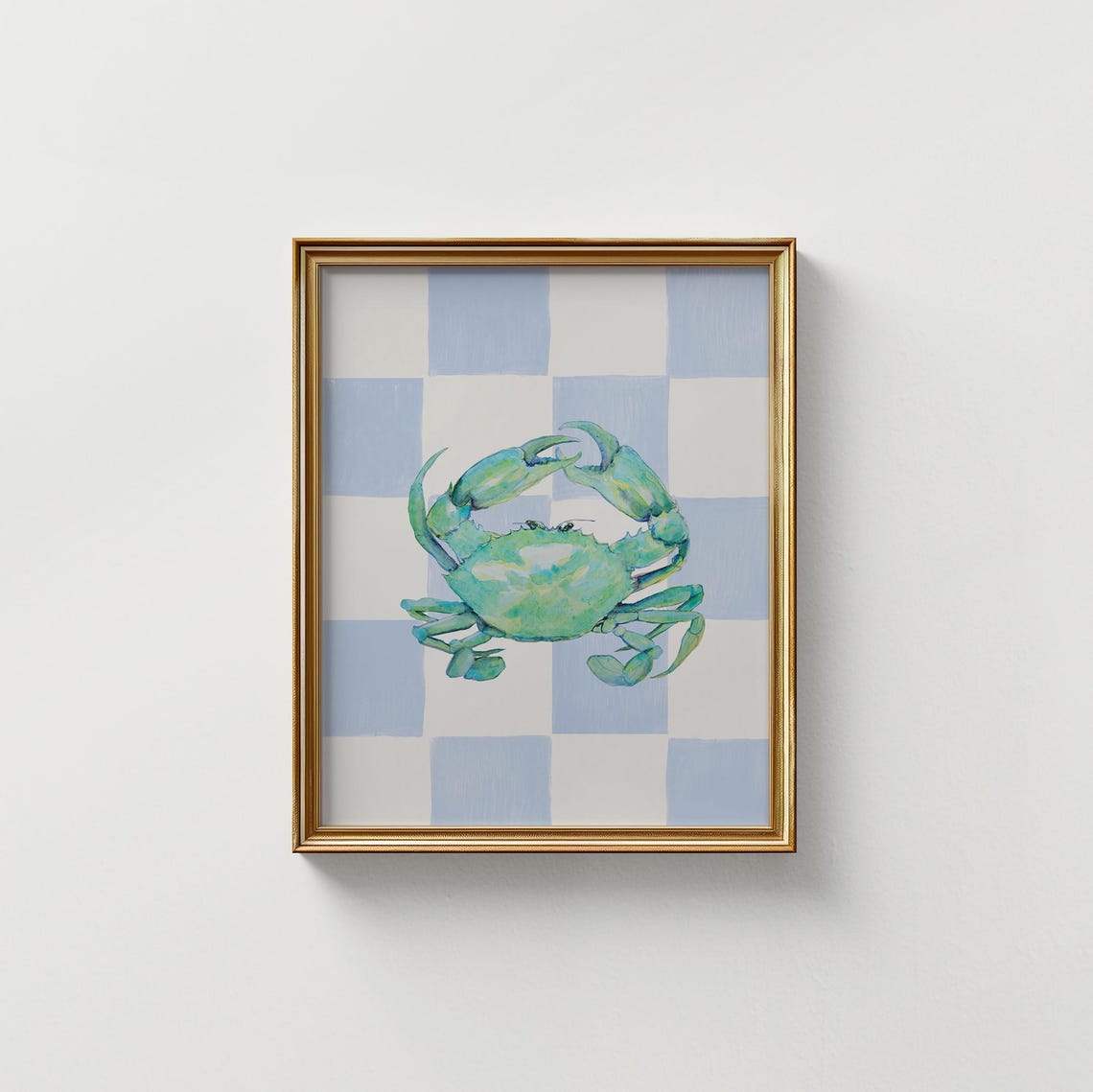 Teal Watercolor Crab Blue Checkerboard Background Coastal Art Poster - Image 5