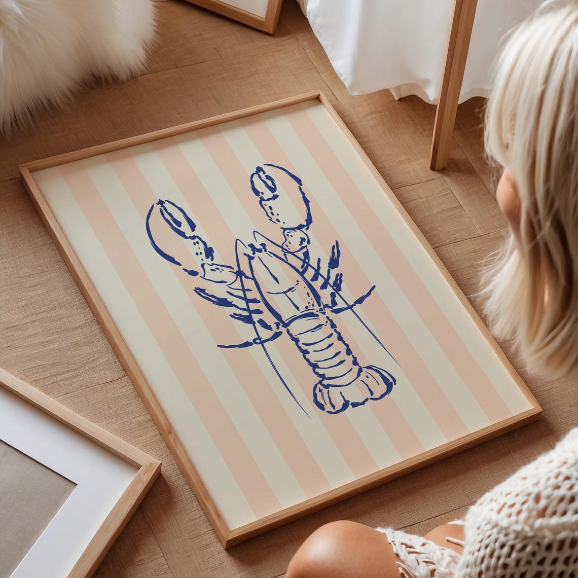 Peach Striped Blue Lobster Line Art Coastal Kitchen Wall Poster - Image 2