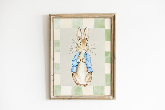 Cottagecore Vintage Peter Rabbit Blue Jacket Gingham Nursery Poster