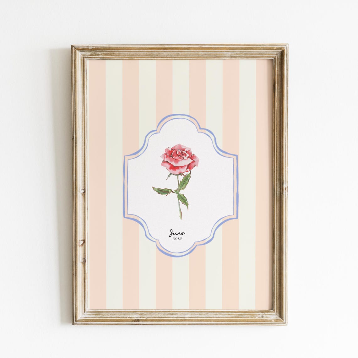 June Rose Birth Flower Peach Striped Botanical Wall Art Print