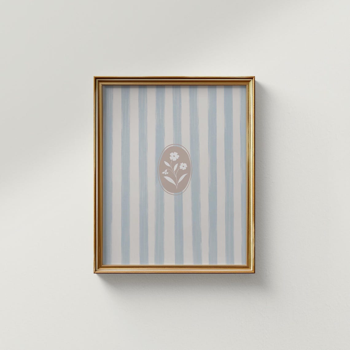 Blue Cream Striped Minimal Floral Medallion Modern Nursery Poster - Image 2