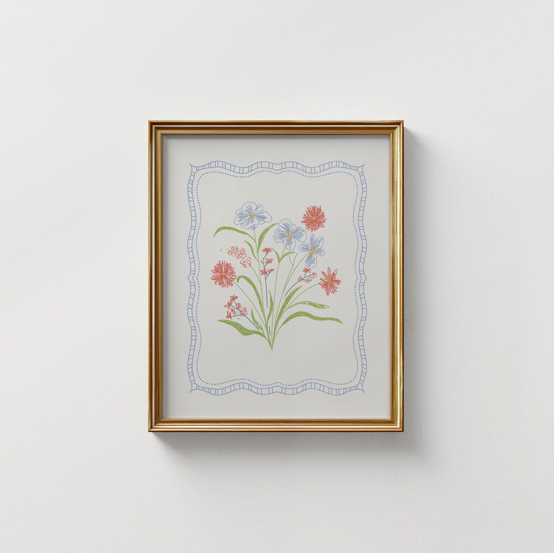 Red Gerbera Daisy Blue Blossom Wildflower Bouquet Line Art Poster - Image 5