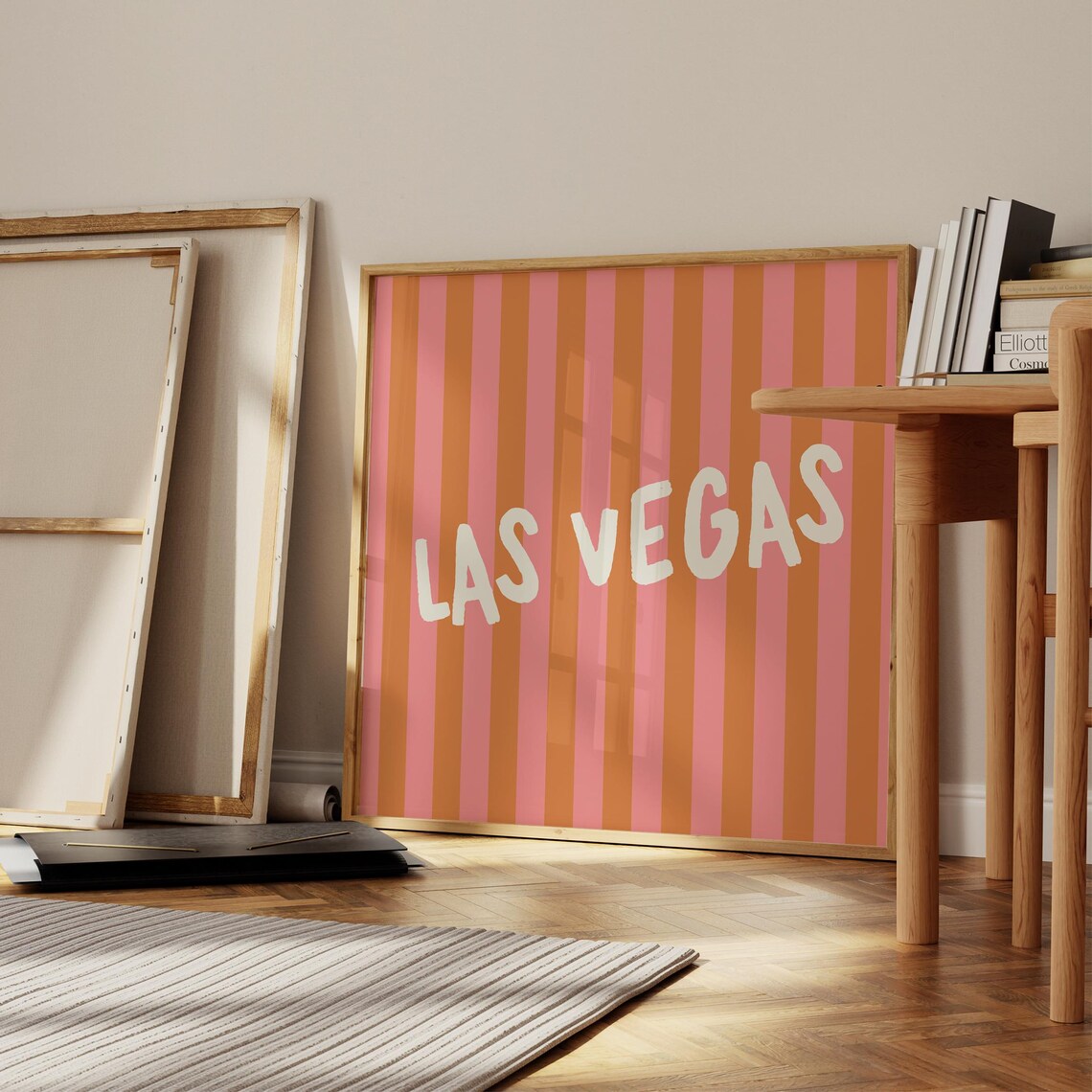 Las Vegas Cream Hand Lettered Pink Orange Striped Square Travel Poster