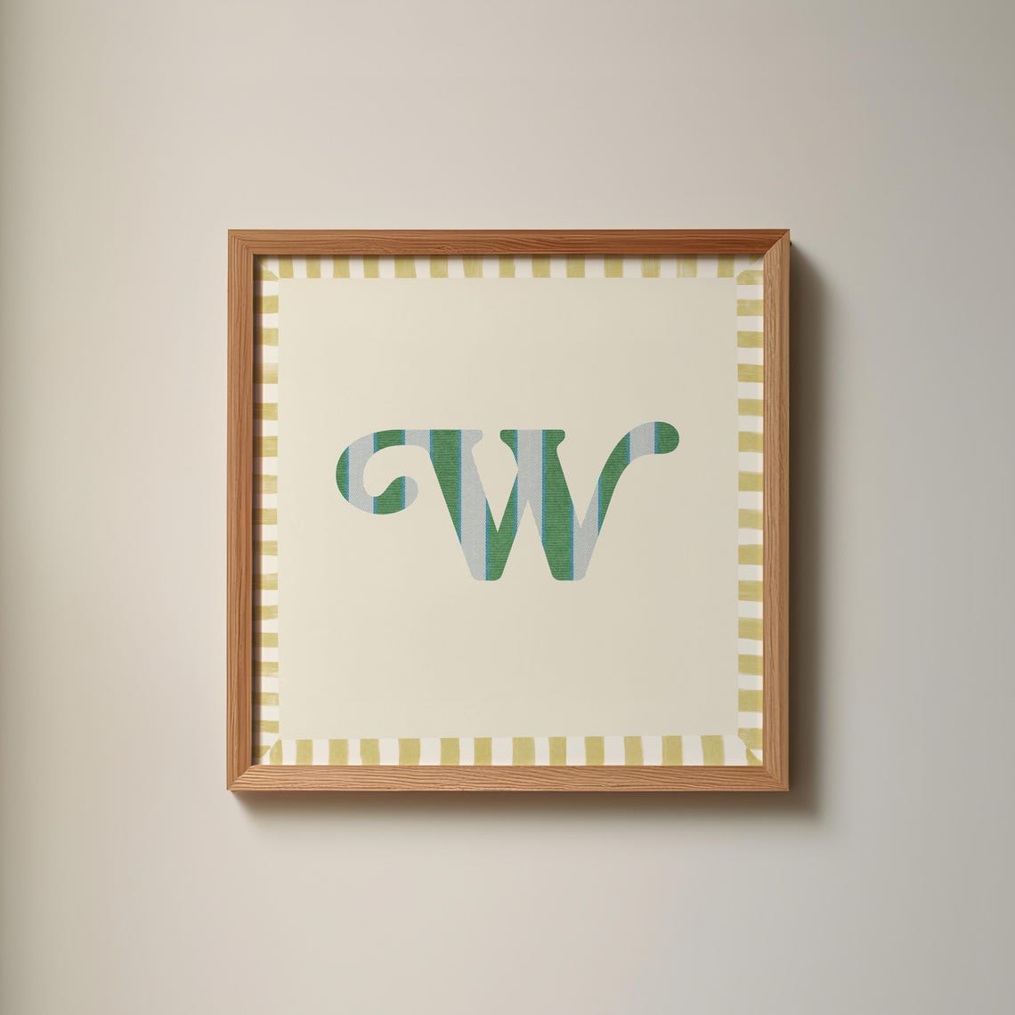 Swash Letter W Green Blue Striped Monogram Cream Framed Art Print - Image 4