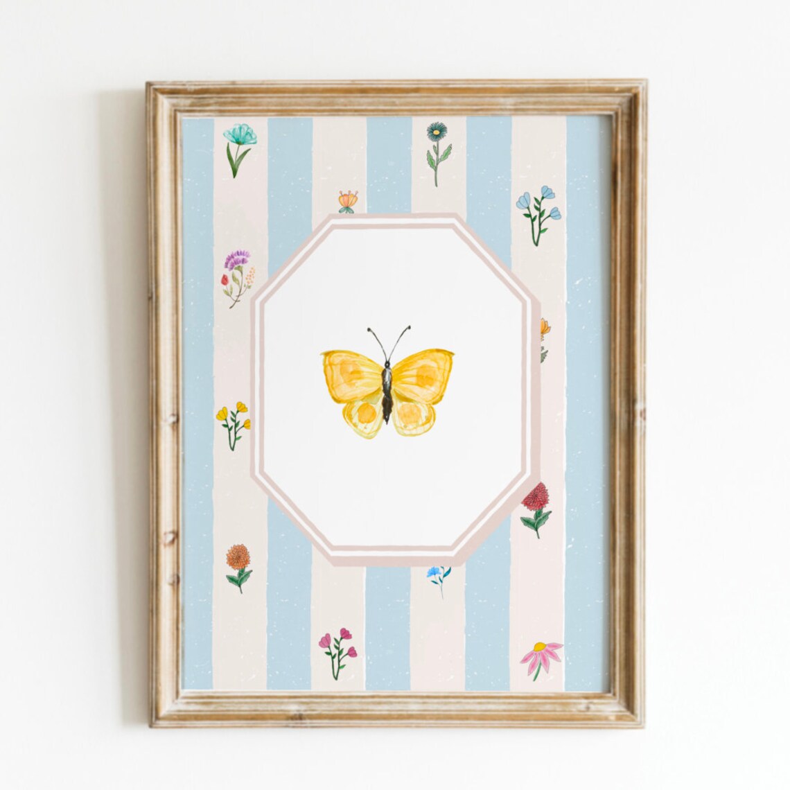 Blue Vintage Floral Butterfly Nursery Art Print