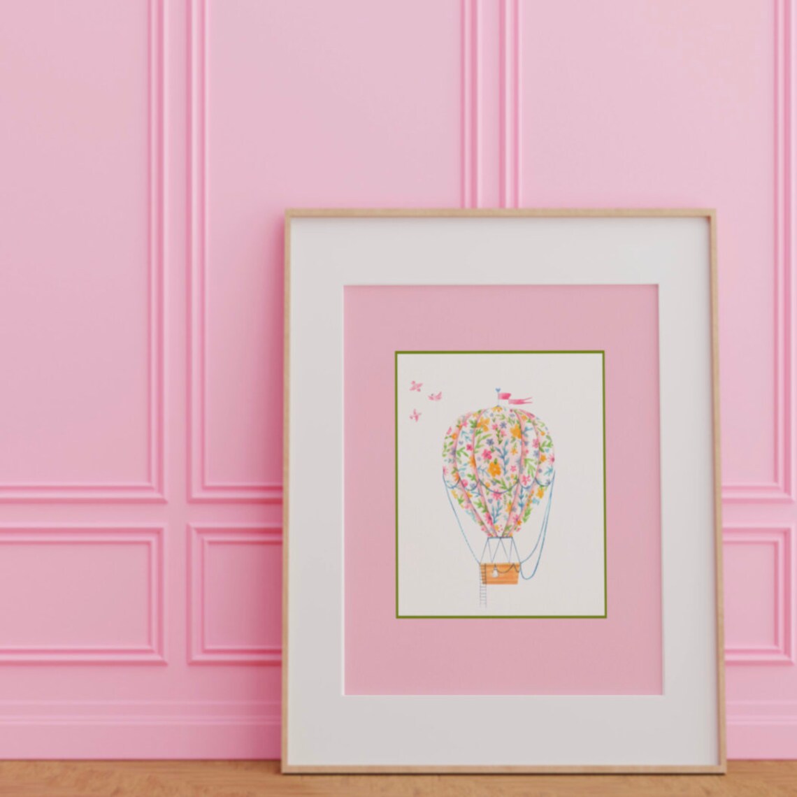 Floral Hot Air Balloon With Butterflies Nursery Room Art Poster