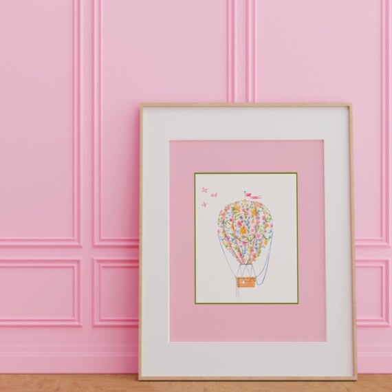 Floral Hot Air Balloon With Butterflies Nursery Room Art Poster