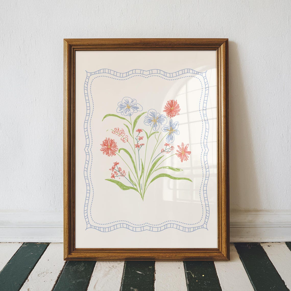 Red Gerbera Daisy Blue Blossom Wildflower Bouquet Line Art Poster - Image 3
