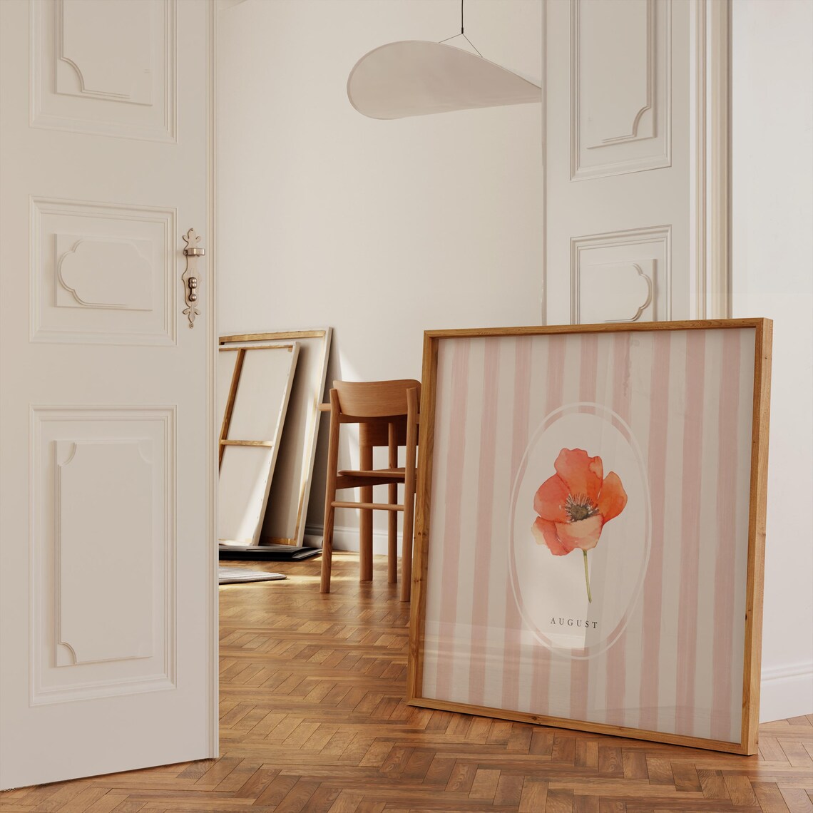 August Red Poppy Birth Month Flower Watercolor Striped Wall Art - Image 2