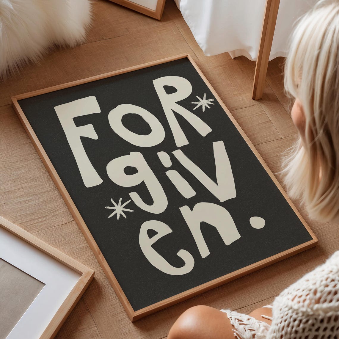 Forgiven Cream Lettering Charcoal Christian Quote Square Decor Poster