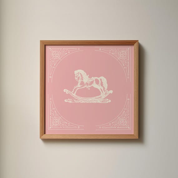 Rose Pink Vintage Rocking Horse Square Print Instant Wall Art Trendy Decor Illustration Living Room Art Nursery