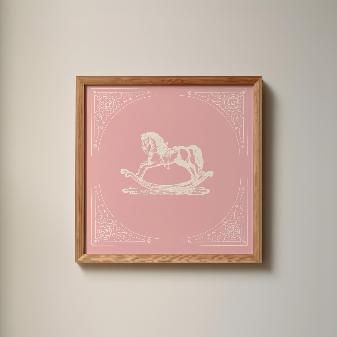 Rose Pink Vintage Rocking Horse Nursery Illustration Decor Poster