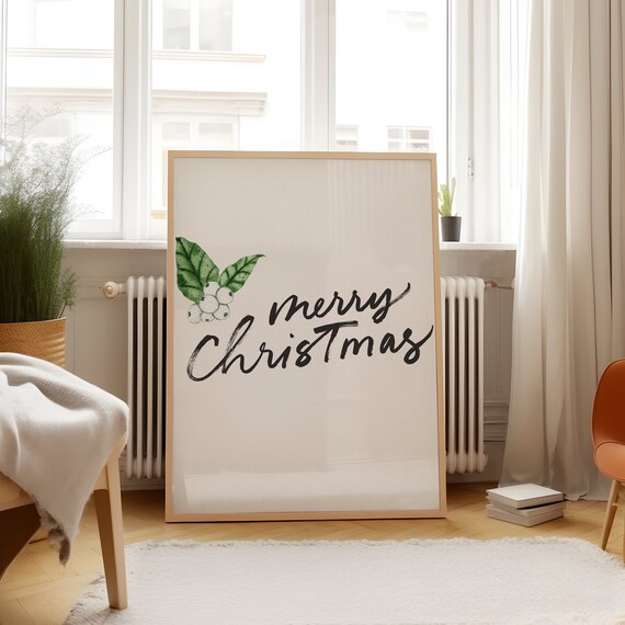 Merry Christmas Script Poster with Watercolor Mistletoe Sprig