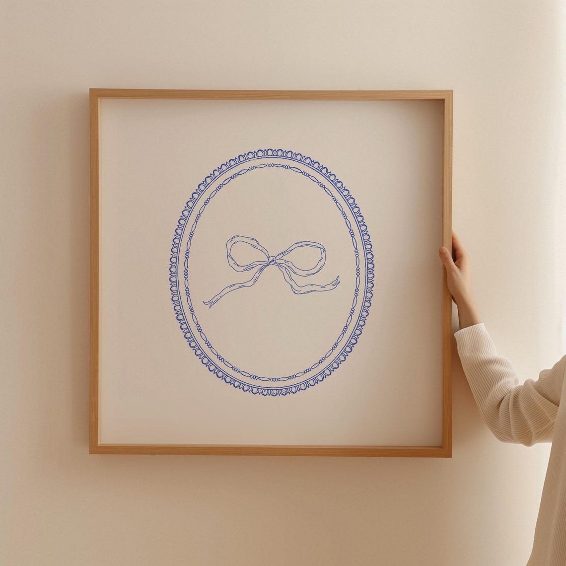 Blue Coquette Bow Line Drawing Decorative Oval Medallion Poster - Image 3