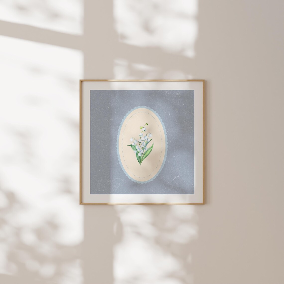 Lily of the Valley Oval Cameo Botanical Poster on Dusty Blue - Image 2