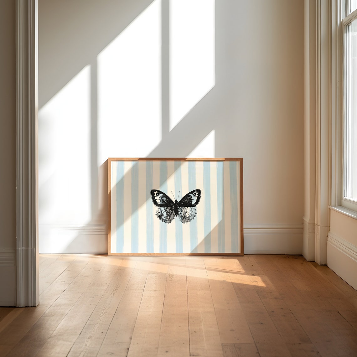 Blue Striped Butterfly Print Wall Art Nursery Art Coastal Cottagecore Decor Wall Art Pavilion - Image 2