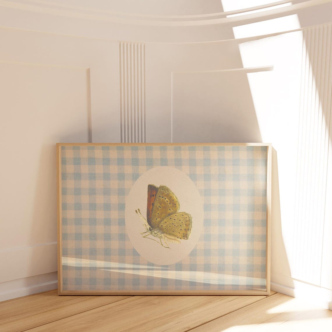 Orange Butterfly on Blue Gingham Oval Vintage Nursery Poster - Image 2