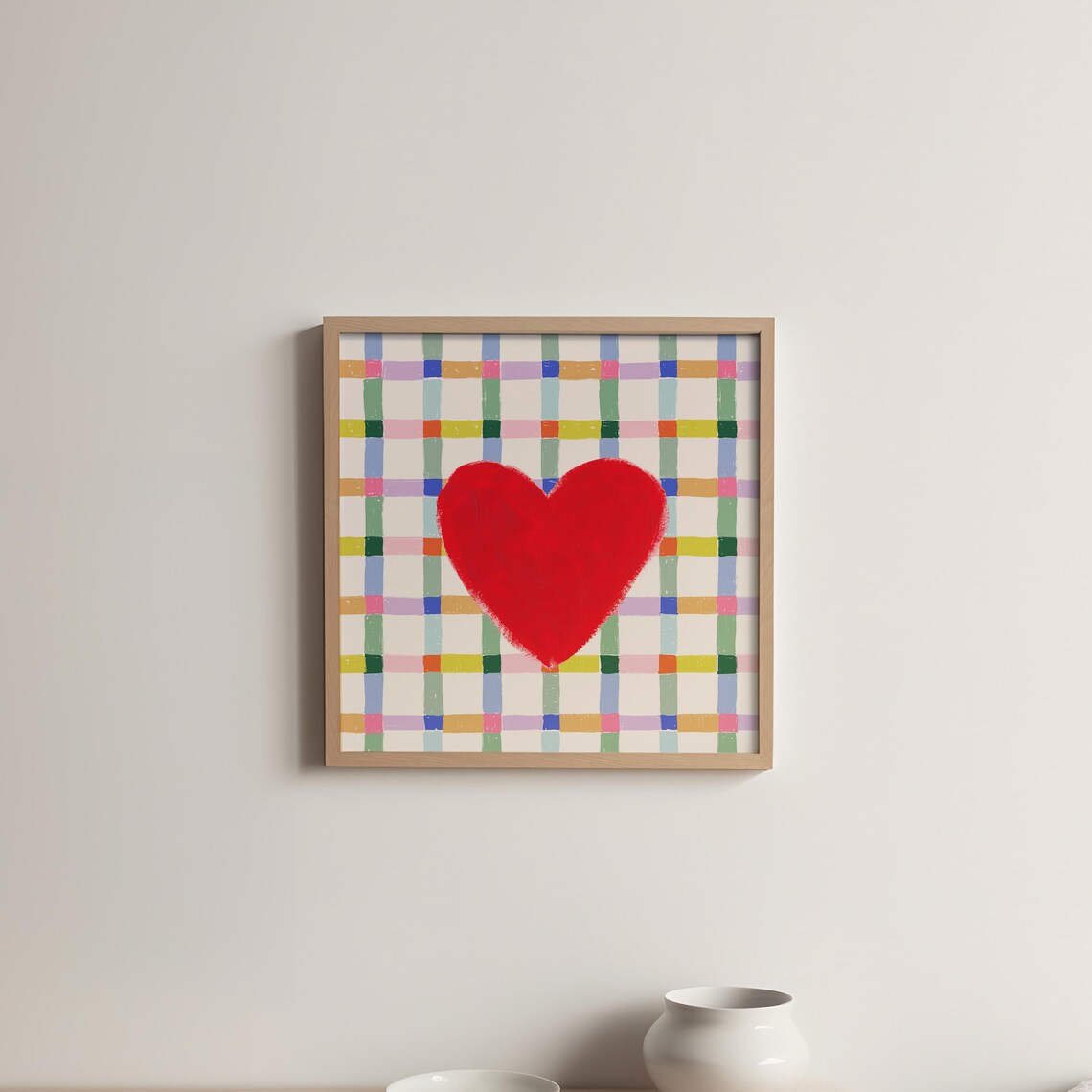 Bold Red Watercolor Heart Colorful Check Plaid Love Theme Wall Art - Image 5