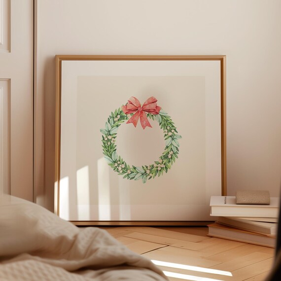 Hand Painted Watercolor Christmas Wreath with Red Bow on Cream Poster
