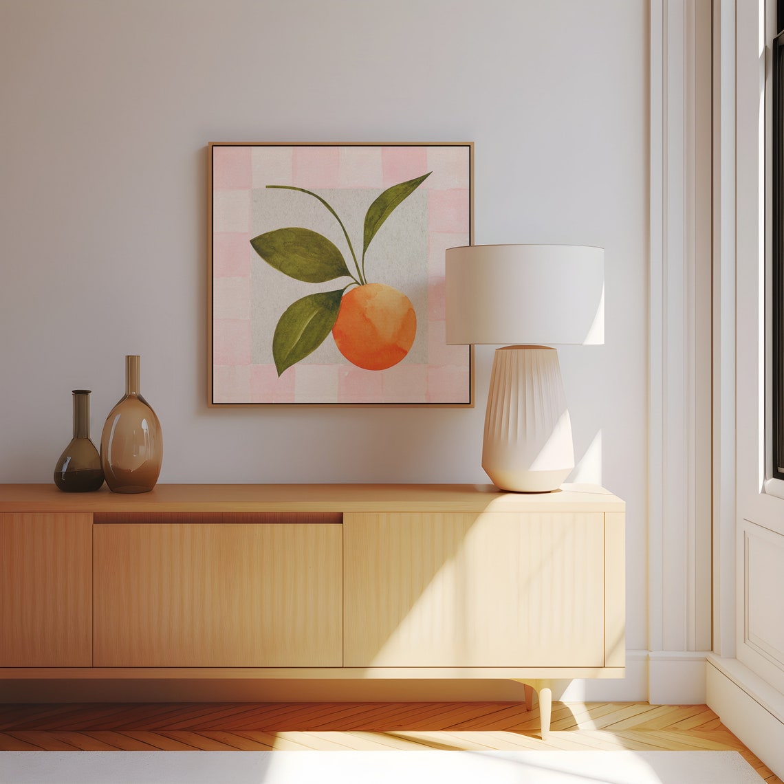 Watercolor Orange Fruit with Green Leaves on Pink Check Poster - Image 2