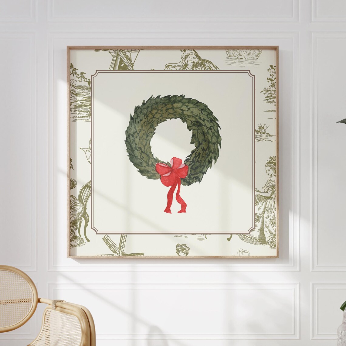 Green Toile Border Christmas Wreath Red Bow Watercolor Holiday Poster - Image 5