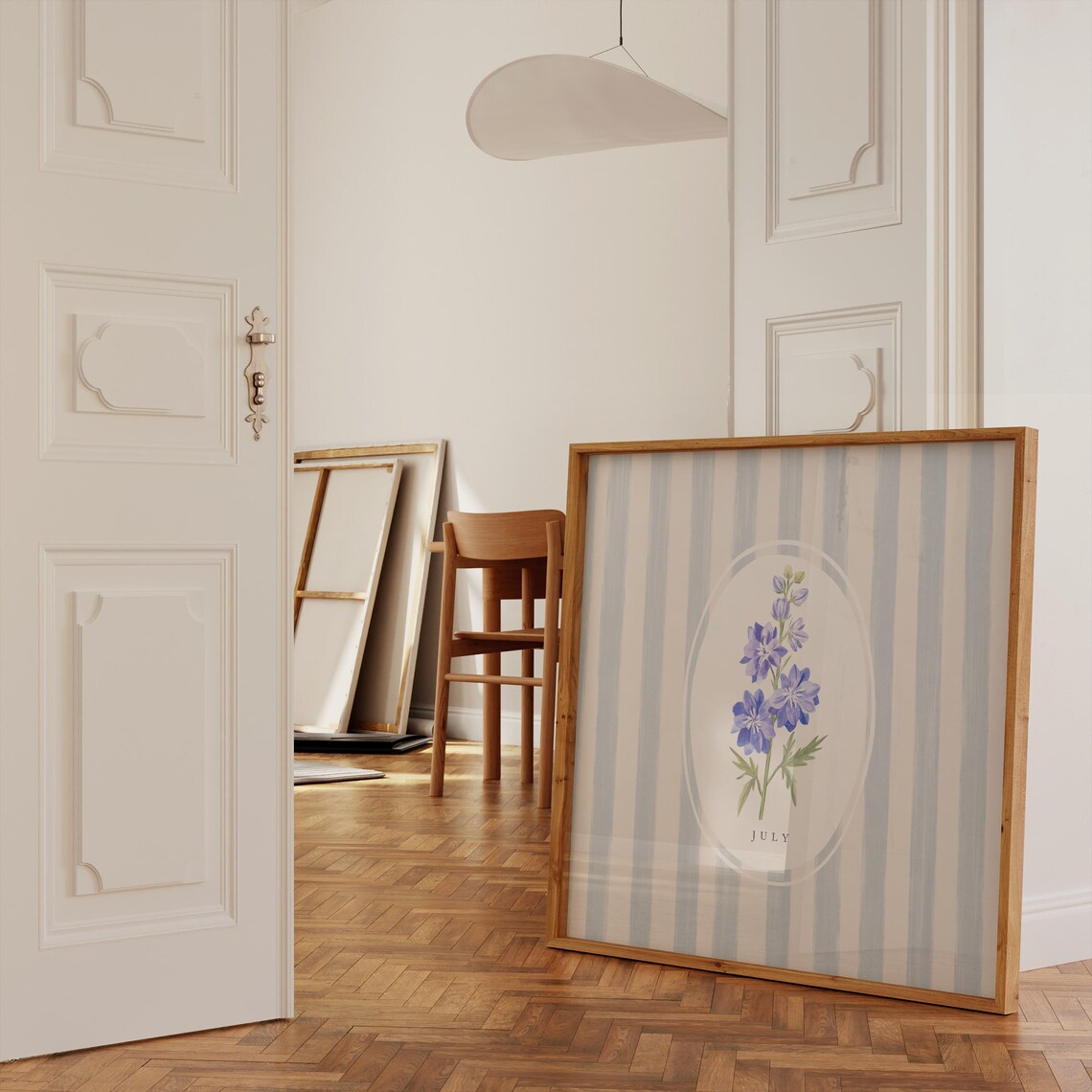 July Larkspur Birth Flower Blue Striped Botanical Art Poster - Image 2