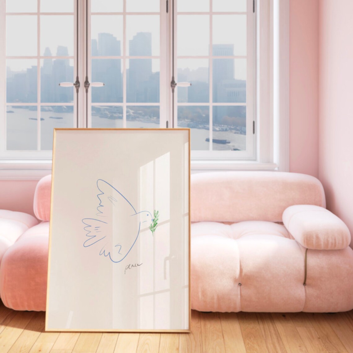 Blue Line Art Peace Dove Olive Branch Minimalist Nursery Poster - Image 2