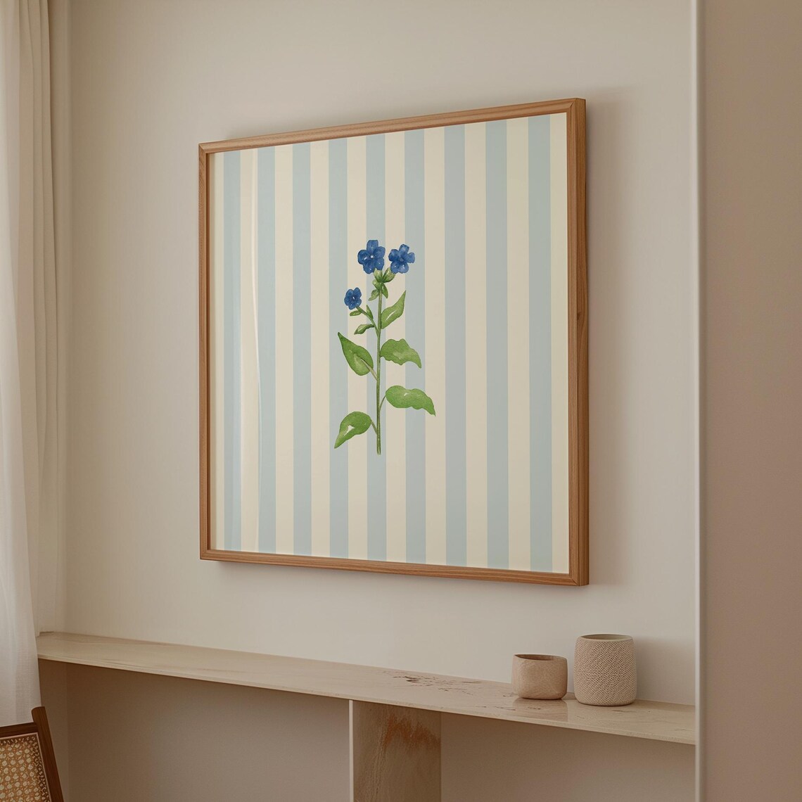 Blue Striped Minimal Floral Art Print, Cottage Nursery - Image 2