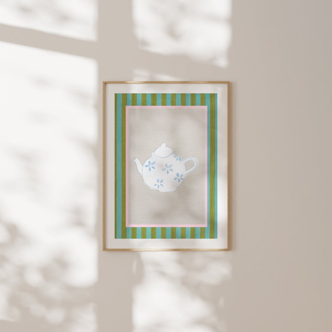White Floral Teapot Blue Daisy Striped Border Kitchen Art Poster