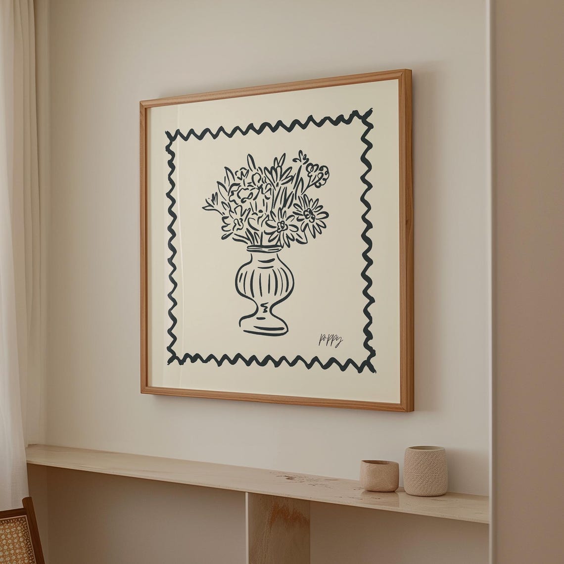 Black Line Wildflower Bouquet Vase Zigzag Border Cream Art Poster - Image 2