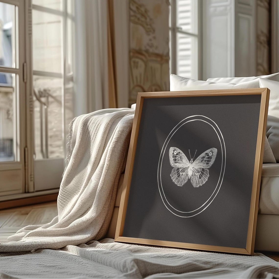 Dramatic White Butterfly Line Drawing on Black Oval Frame Poster