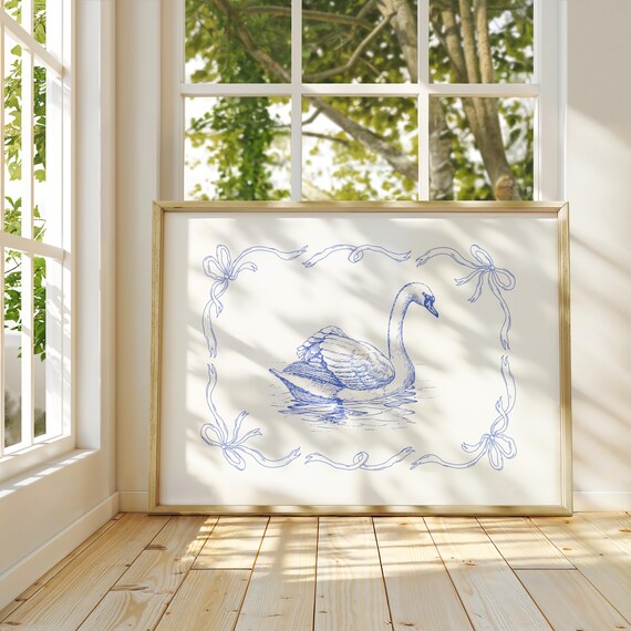 Blue Ink Swan Sketch with Ribbon Bow Border Vintage Nursery Poster
