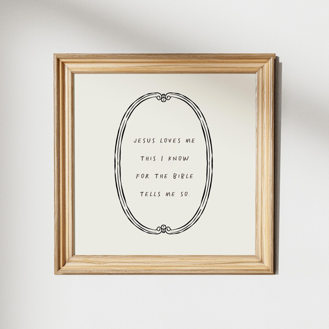 Jesus Loves Me Black Ink Oval Frame Nursery Hymn Christian Art Poster