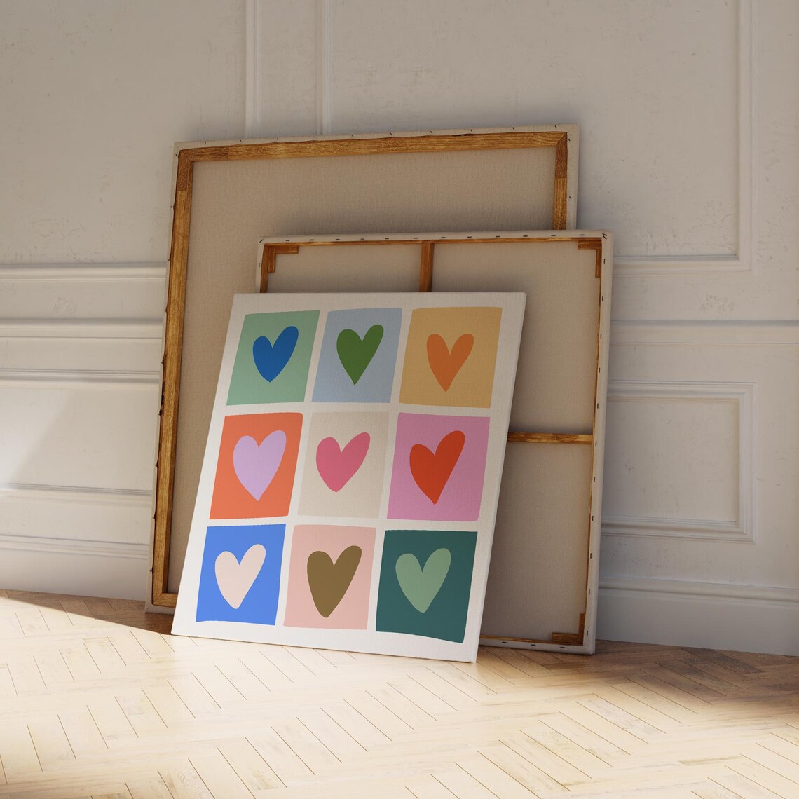 Nine Colorful Hearts Grid Pastel Blocks Playful Square Love Wall Art - Image 4